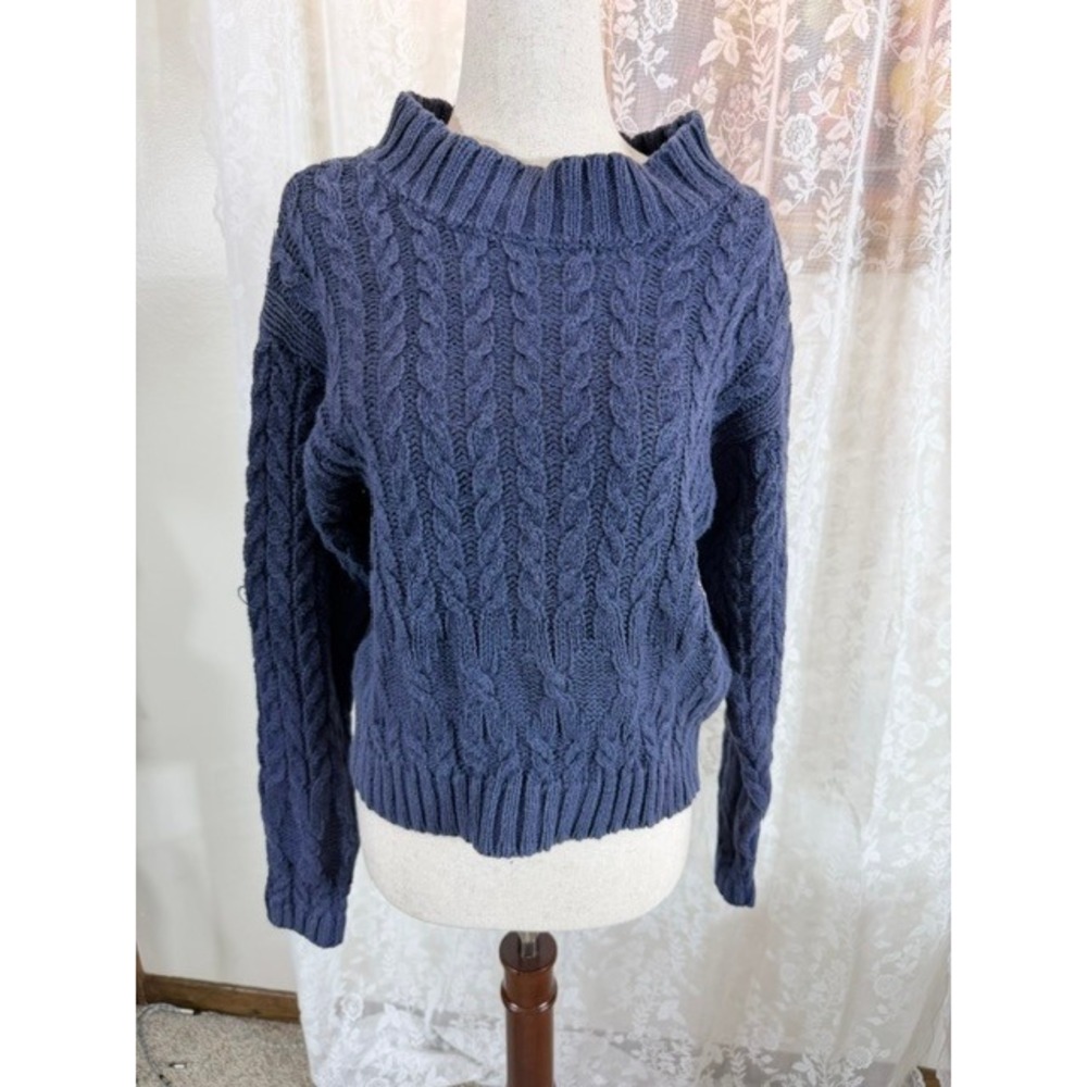 Vintage Forenza Navy Blue Cable Knit Ramie Cotton Mock Neck Sweater Medium